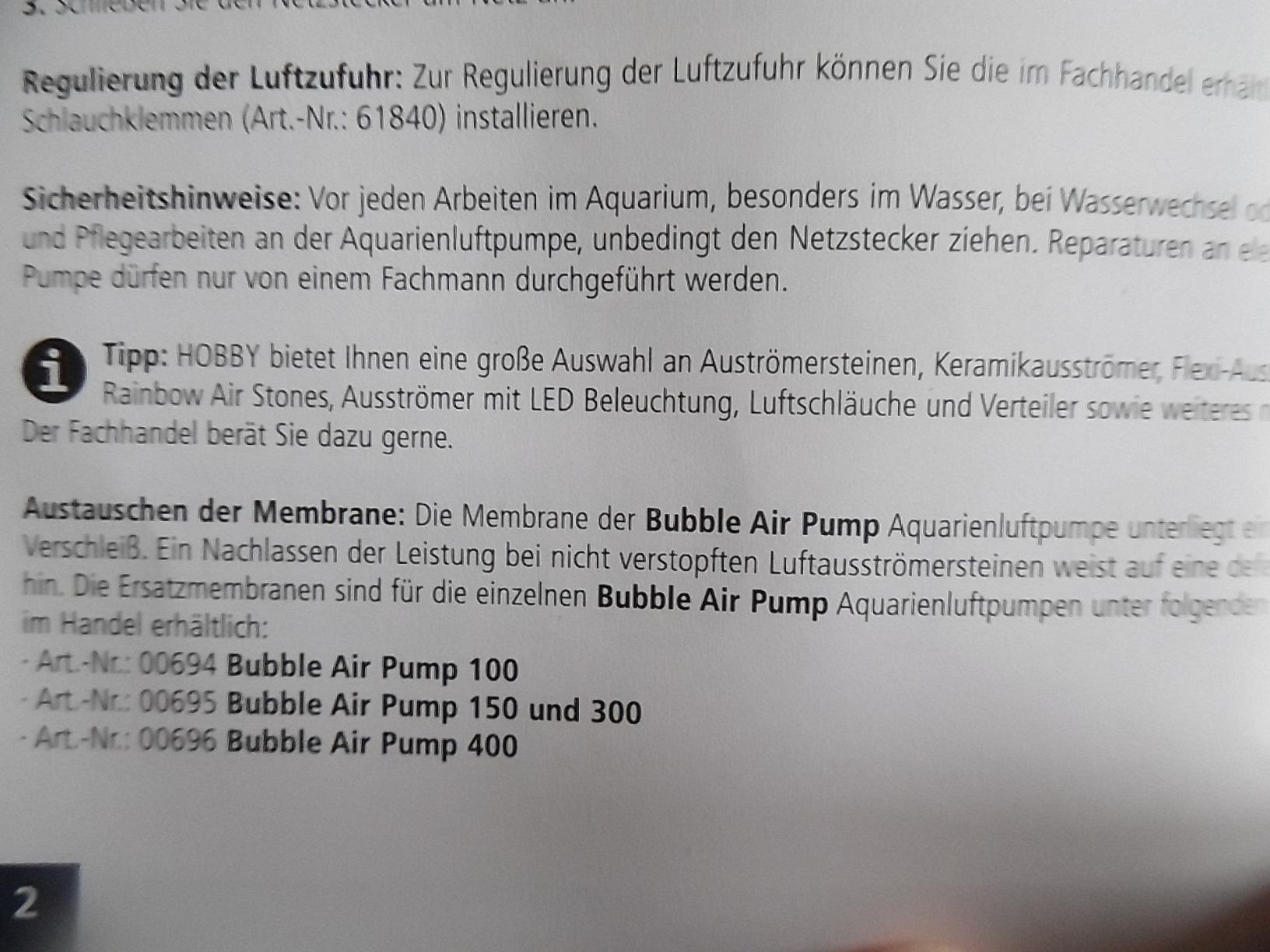 Hobby Bubble Air Pump 100 Luftpumpe 50-100 l leise