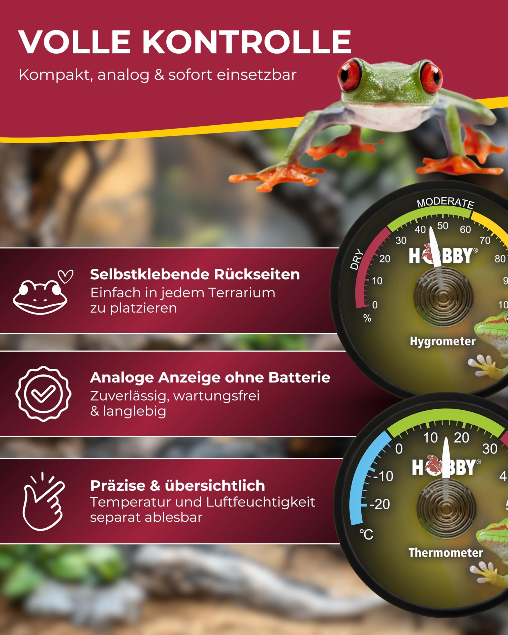 Hobby Hygrometer Thermometer analog selbstklebend Terrarium